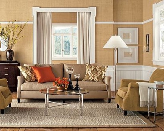Inspiring-beige-living-room-design-with-brown-white-wall-carpet-window-curtain-sofa-pillow-orange-pillow-and-hardwood-flooring