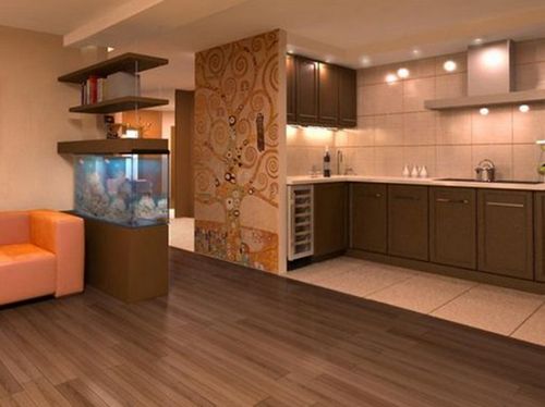 Комбинированный пол на кухне из плитки и ламината: фото в интерьере