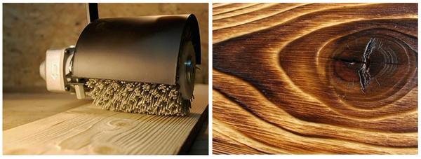 Станок для браширования древесины, фото с сайта d-wood.ru. Обожженная древесина, фото с сайта stroyrubrika.ru.